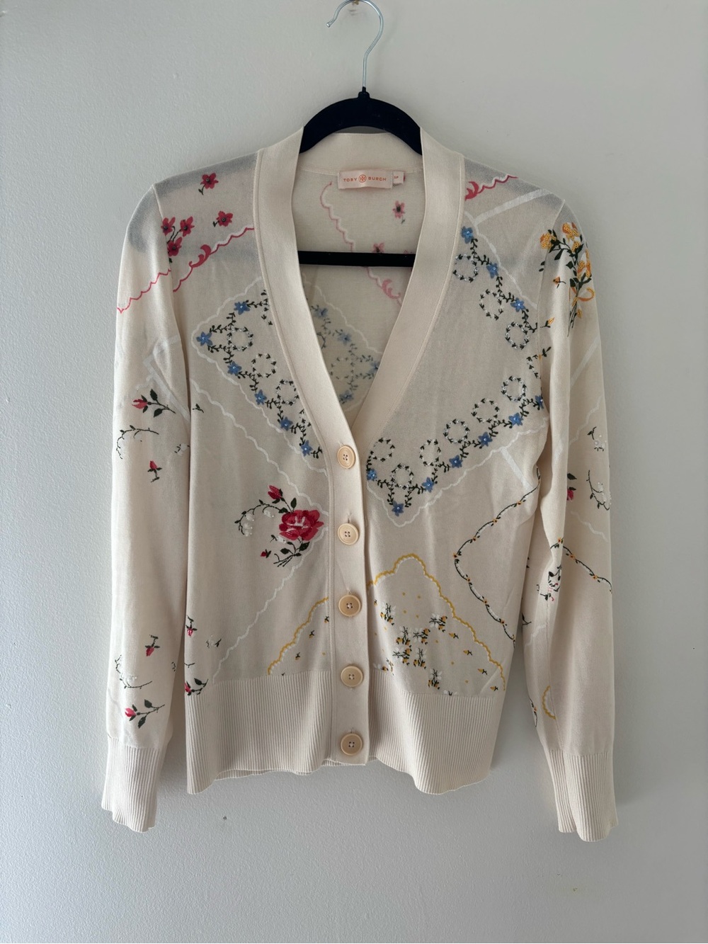 Tory Burch Cream Floral V-Neck Button Cardigan Sweater